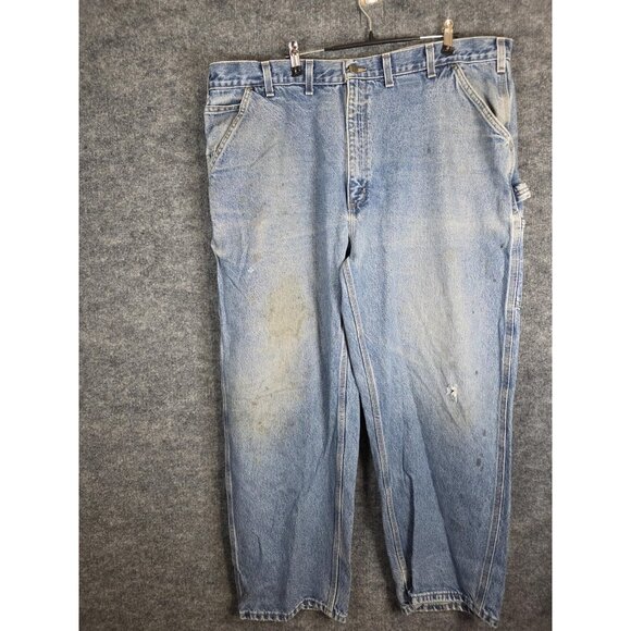 Carhartt Jeans Mens 44x32 Blue Denim Carpenter Work Pants Distressed Stains B237